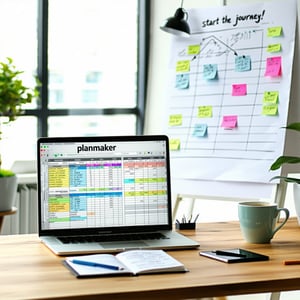 A bright and inviting office space filled with natural light In the foreground a wooden desk is neatly organized with a laptop open to a colorful financial planning template titled PLANMAKER Beside the laptop a notepad is filled with handwritten note