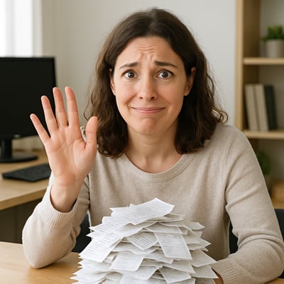 A person sitting at their desk with a pile of receipts looking straight at us with their hand raised with a worried smile Make it look like a real woman