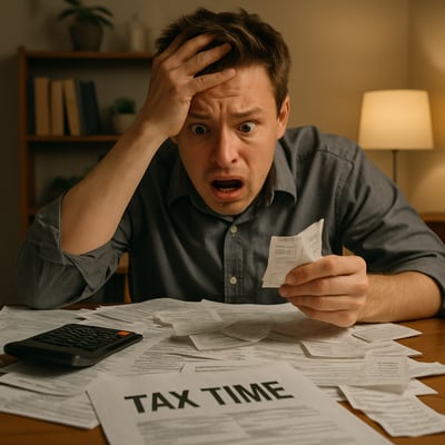 A person that look like their panicking at their desk looking over papers and receipts because they waited too late to file their personal taxes