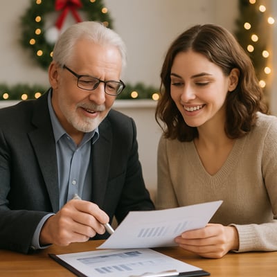CPA Reviewing Documents with Client Holiday TouchCPA and client at a desk reviewing financial documentsSoft holiday accents wreath garland or blurred-1