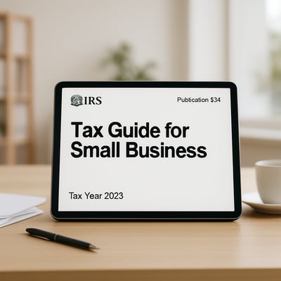 Computer or tablet screen displaying the IRS Publication 334 PDF cover pageLight office backgroundNo closeups of IRS logos dominating the image keep i-1