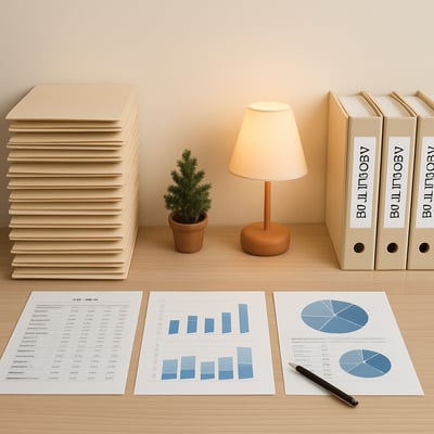 Organized Books  Clean Accounting WorkspaceStacked folders spreadsheets chart graphsMinimal decorations tiny tree ornament or a warmtoned lampClean st-1