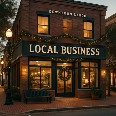 ocal Florida Business  Downtown Largo With Subtle Holiday DecorationsStreet view of a local shopping district or office buildingHoliday lights or garl